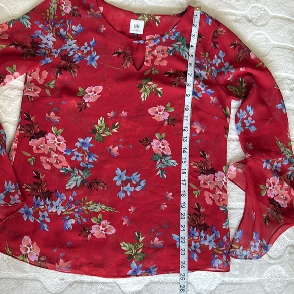 Cabi Womens Red Floral Sheer Lined Bell Sleeve Blouse Sz S Romantic Boho Spring - Picture 6 of 8